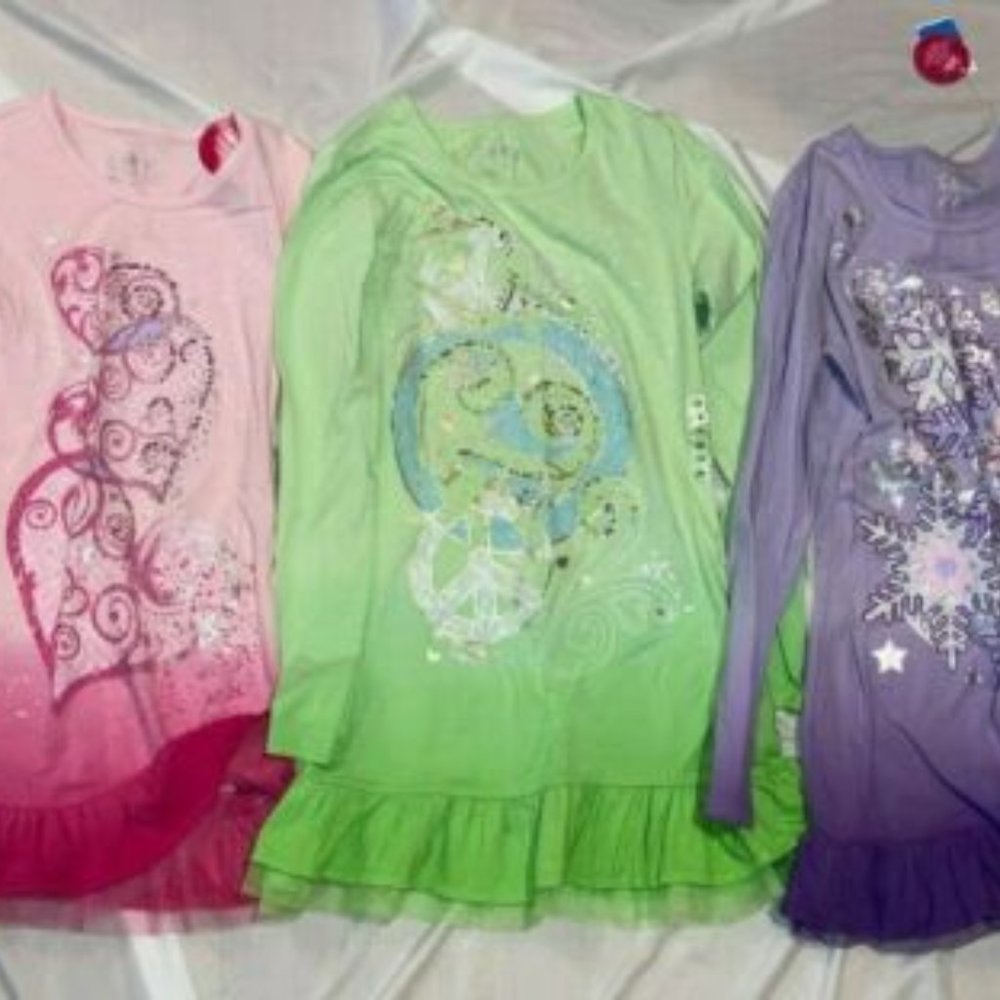 NWT Lot of 3 Girls Justice Long Slv Shirt Pink Purple Green Peace Snowflake 14